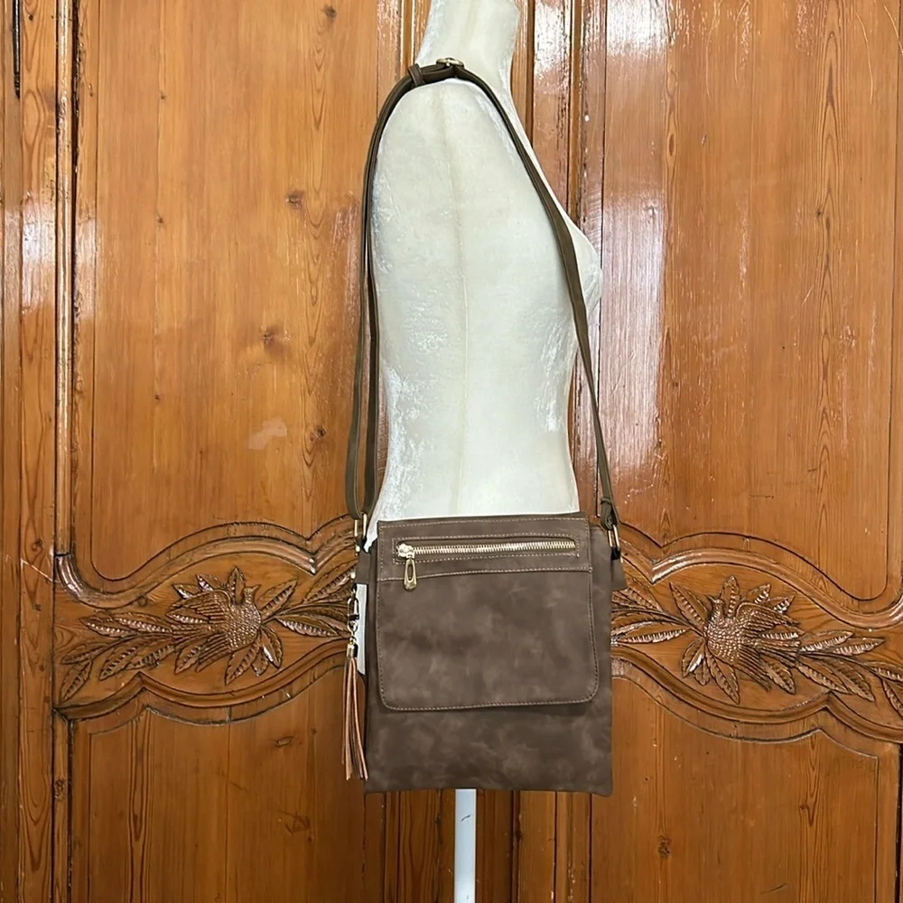Faux Suede Crossbody bag with Open Pockets and Zip Closure Pockets